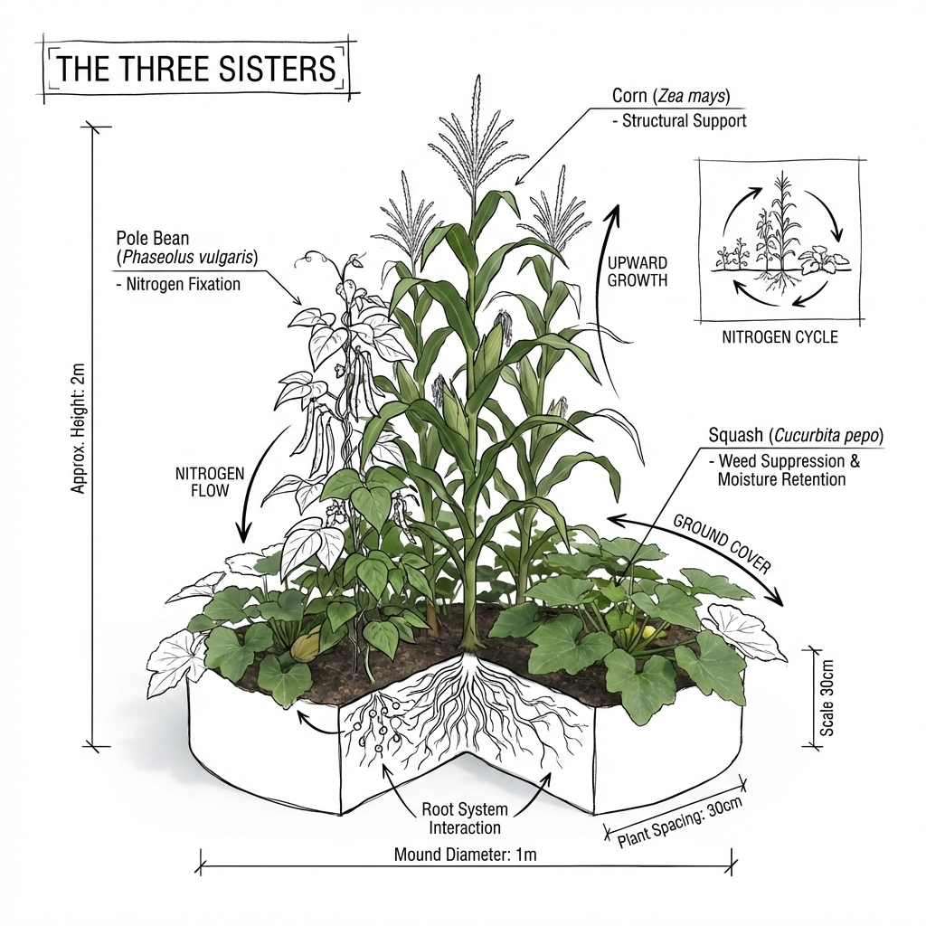 The Three Sisters: a companion-planting diagram showing corn for structural support, pole beans for nitrogen fixation, and squash for ground cover and moisture retention.